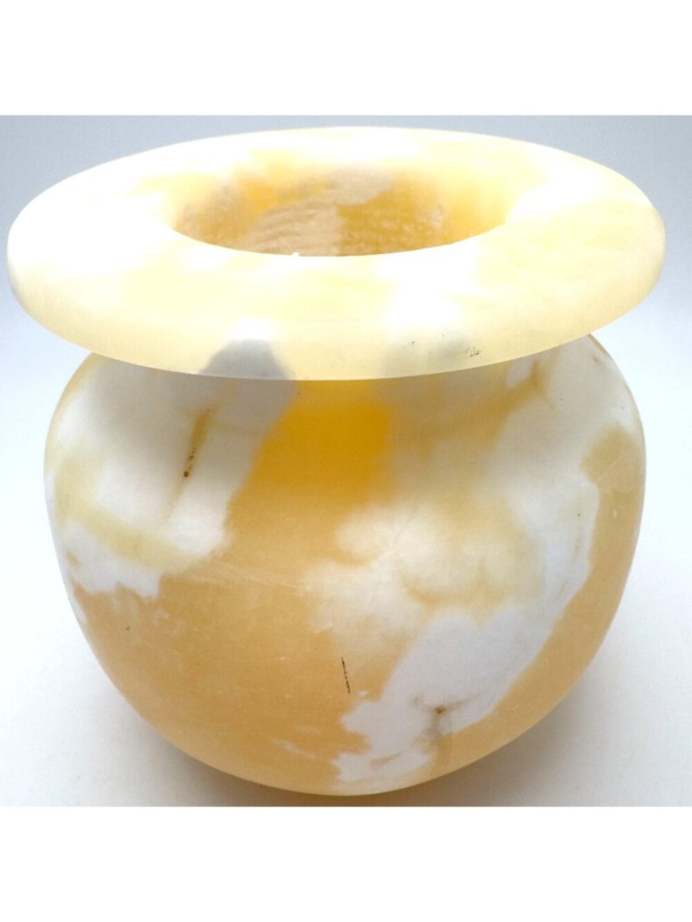 80s MCM Alabaster Stone Candle Holder Yellow-White Swirl Pattern Rounded 5"